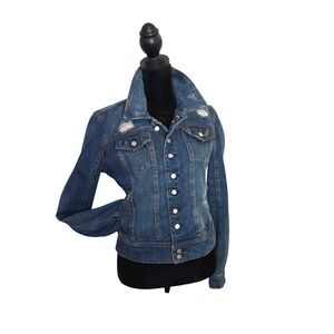 Blank NYC Distressed Denim Jacket Blue Jean Trucker Edgy Frayed‎ Grunge Size S